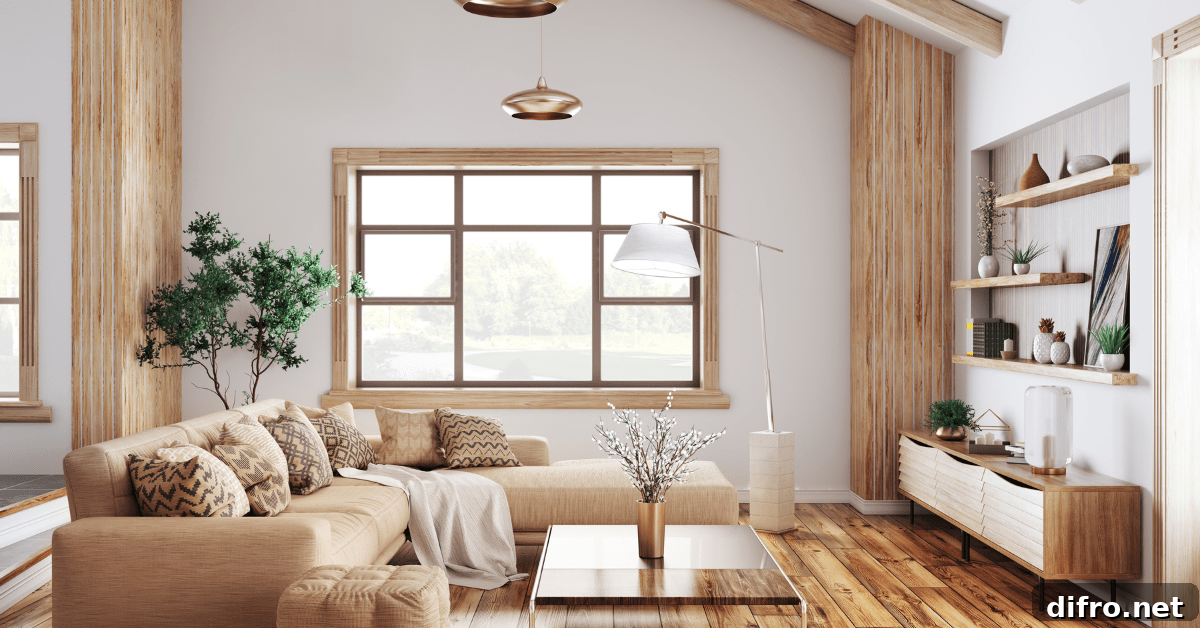 Modern living room with wood theme.