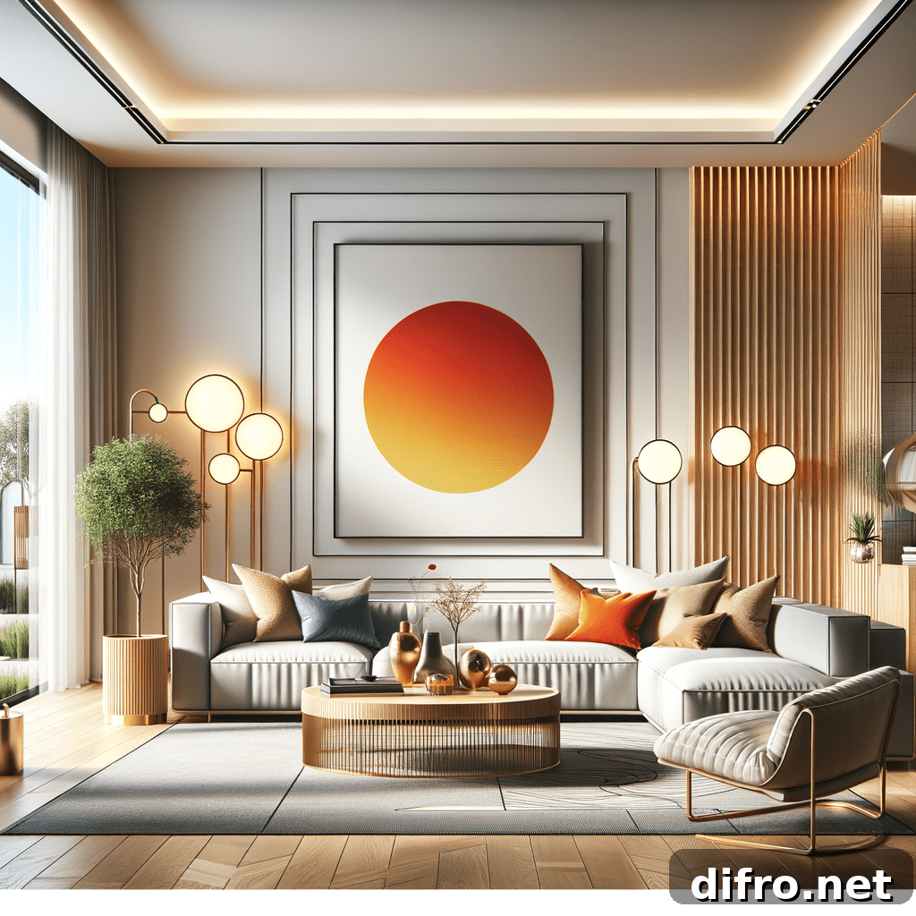 modern living room with spherical lights and bright artwork as center for room