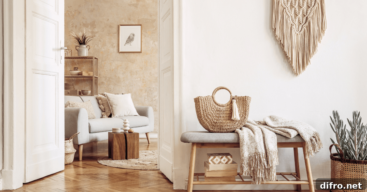 Boho living room with natural colors and grey furniture with wooden frames.