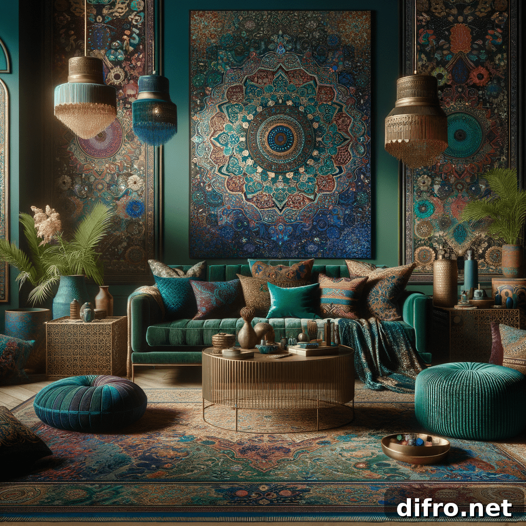 vibrant jewel toned color palette in a boho living room