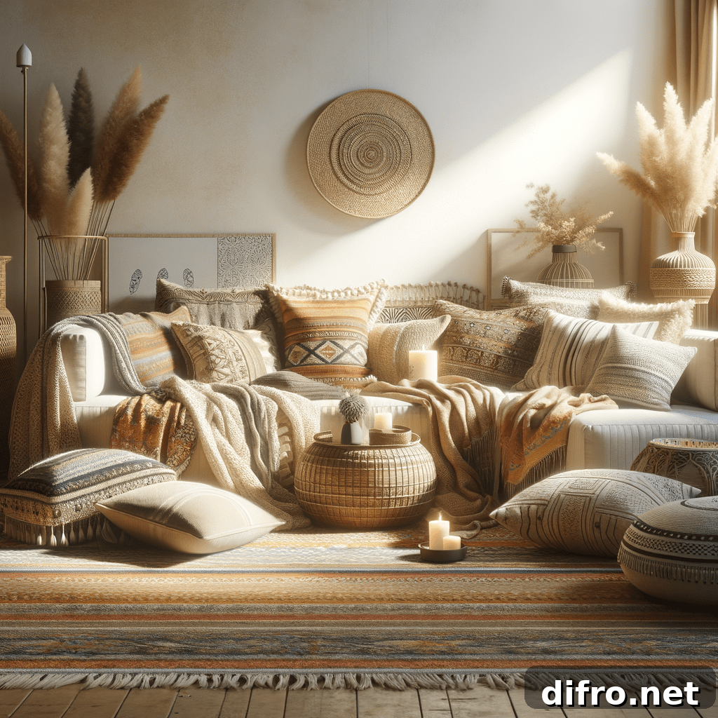 layering of different textiles, including throw blankets and an abundance of cushions, on a cozy Boho seating area