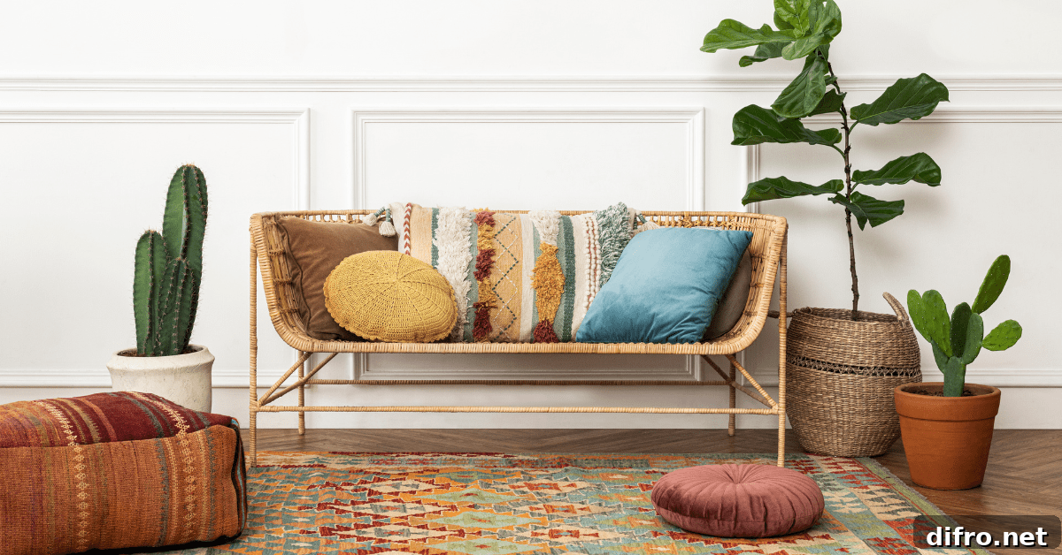 Boho-styled living room with textured rug.
