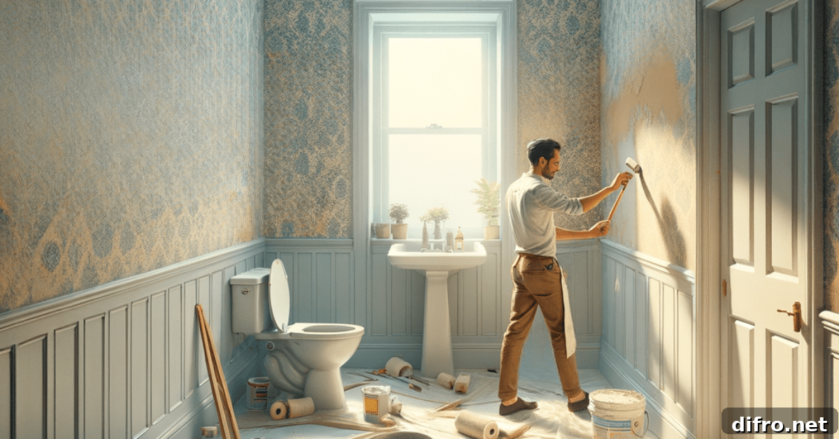 Man using paint roller to paint over wallpaper.