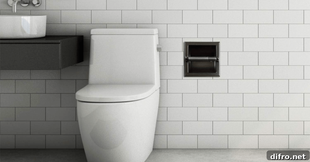 Recessed toilet paper holder in black in a white-themed bathroom.