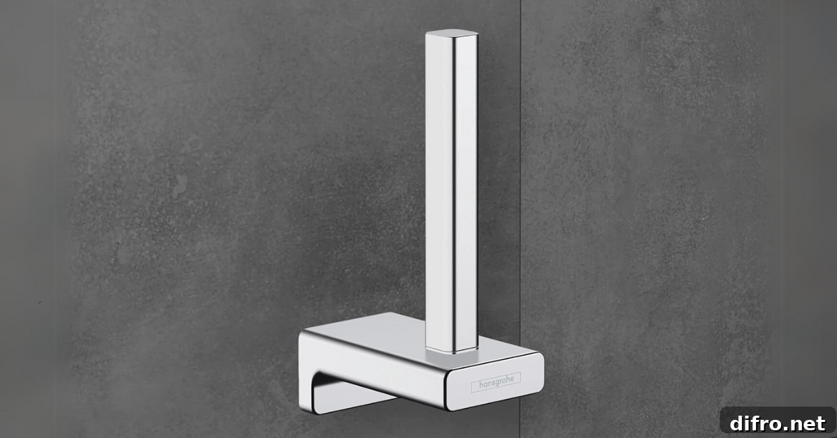 Vertical toilet paper holder in a dark bathroom.