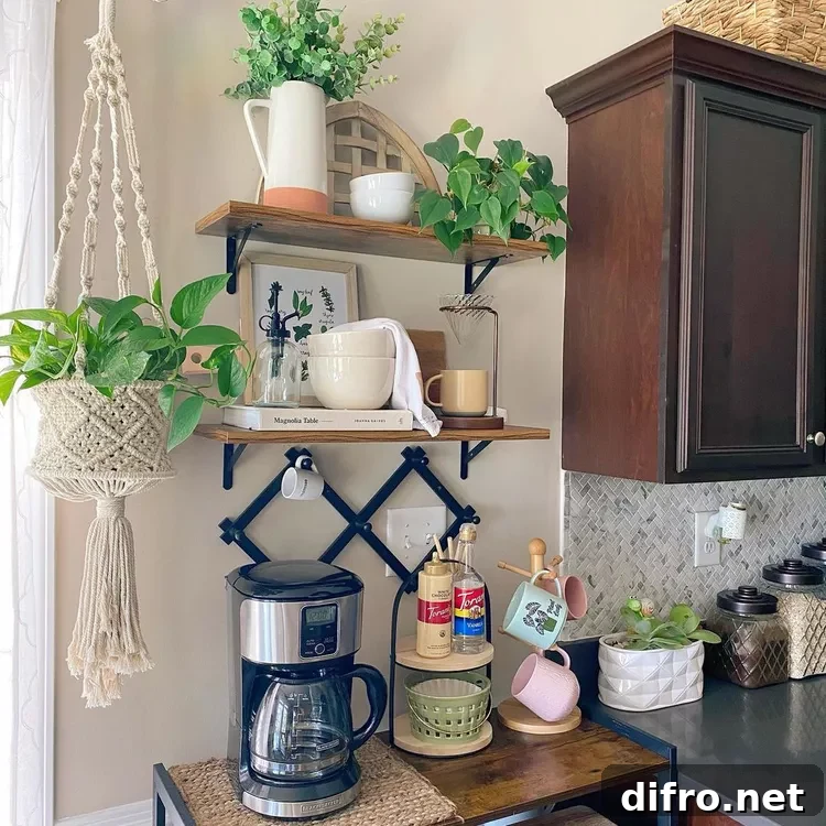 Eclectic farmhouse boho coffee bar with open shelving.