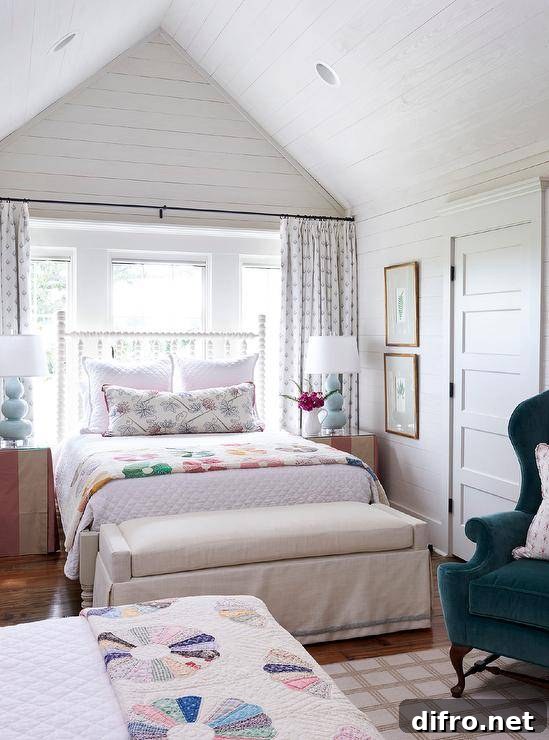 Farmhouse style bedroom displaying a bed in front of a window under a vaulted shiplap ceiling.