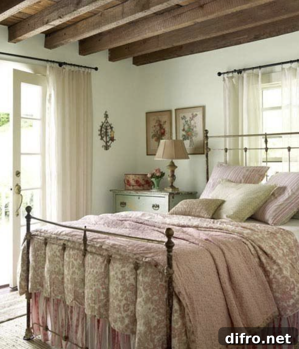 cozy cottage country farmhouse bedroom with floral bedding
