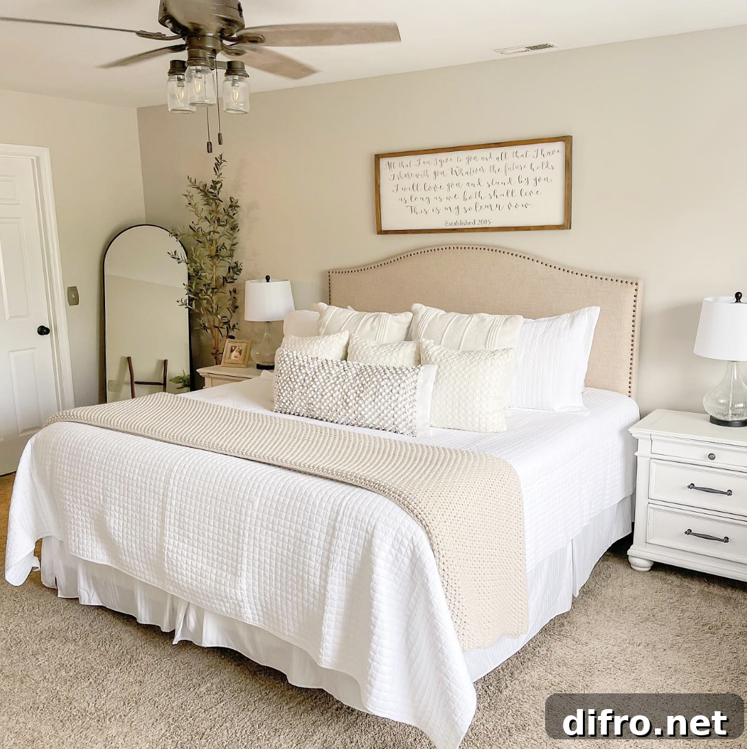 large cream master bed headboard with white bedding