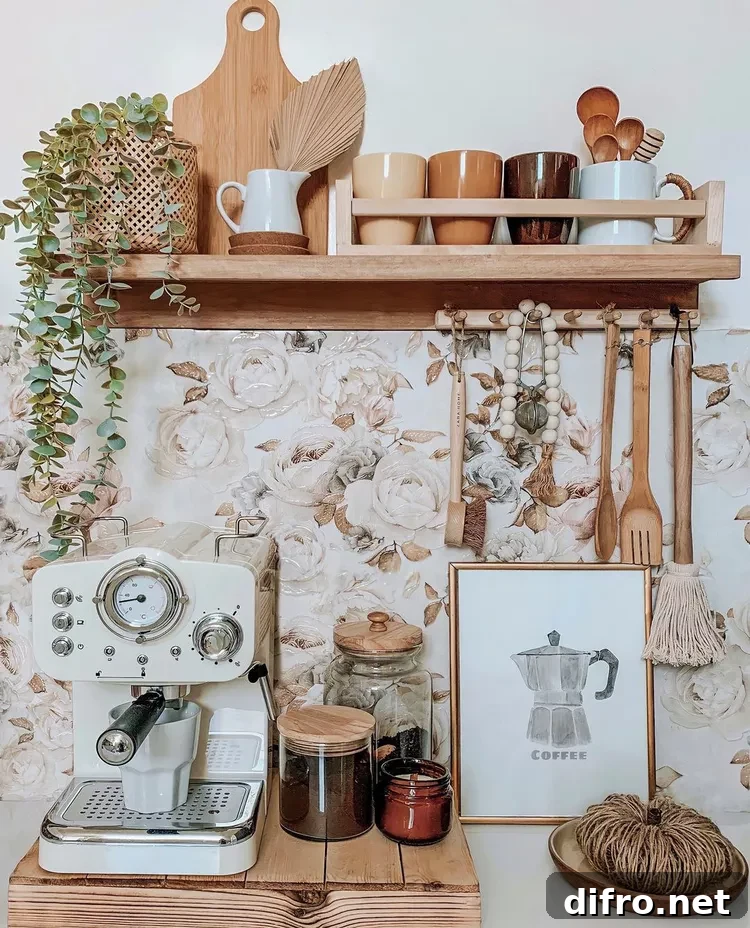 Small boho farmhouse coffee bar with natural elements.