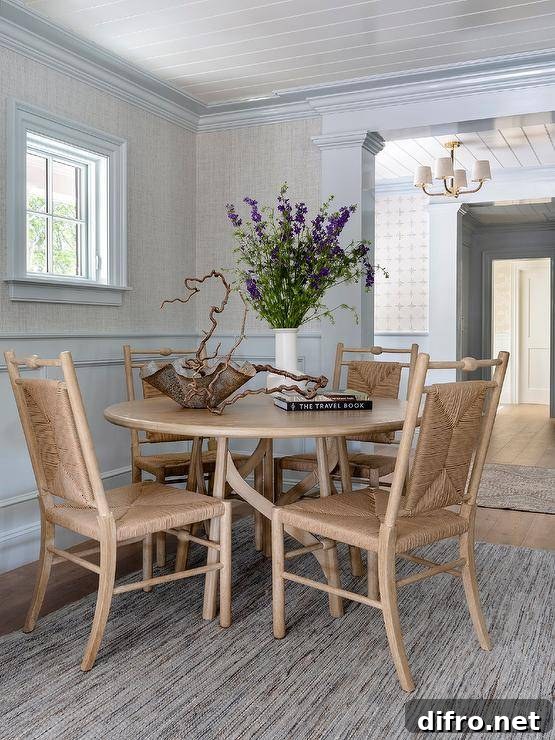 Dining area with light blue wainscoting, crown moldings, and shiplap ceiling.