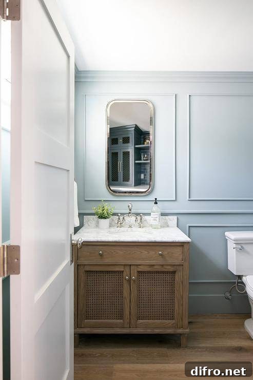 Floor to ceiling blue wainscoting adds a luxurious appeal to a bathroom.