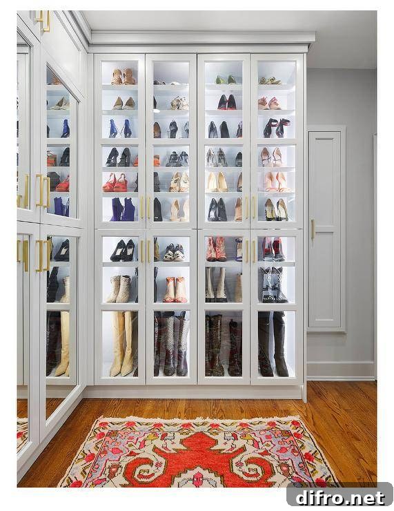 Glam closet features stacked, glass-front shoe cabinets with custom lighting.