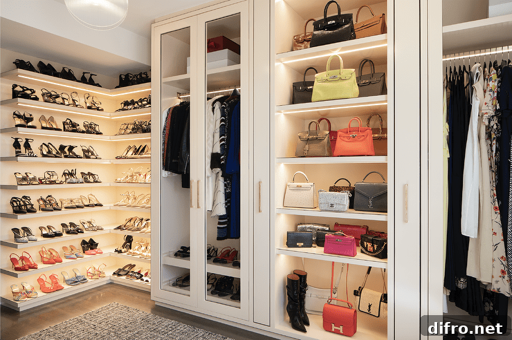 Lighted bag shelves and L-shaped shoe cabinets mounted in a corner.
