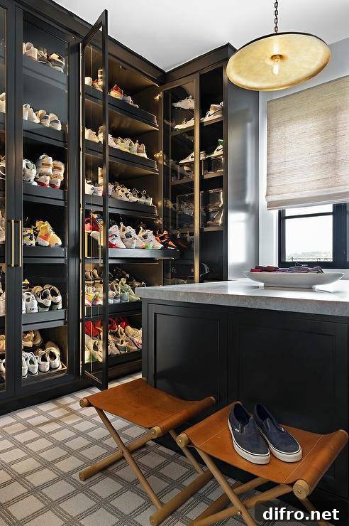 Black lighted shoe cabinets with glass doors and pull-out shelves next to a marble-topped island.
