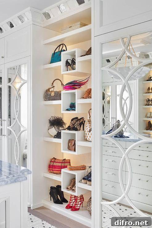 White walk-in closet with custom bag and shoe shelves flanked by mirrored wardrobe cabinets.