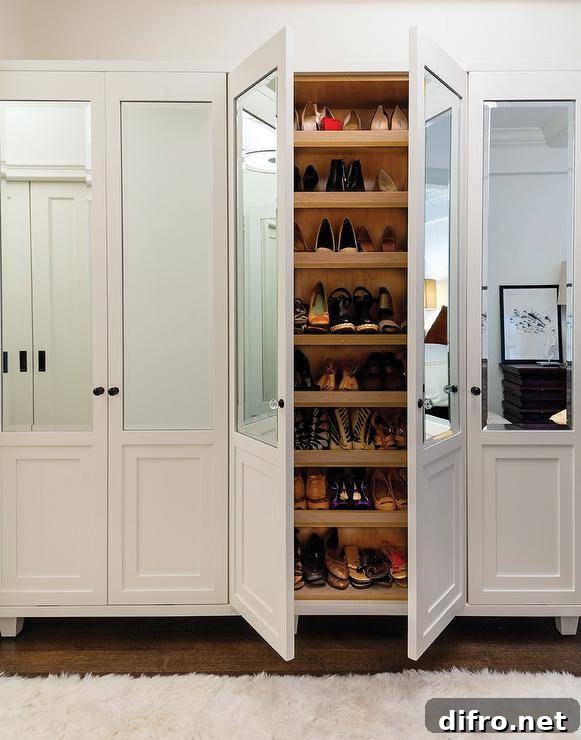 Mirrored shoe cabinets with stacked pull-out shelves in a glam walk-in closet.
