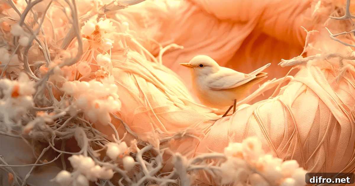 A bird in its nest with everything having hues of the color Peach Fuzz 13-1023.