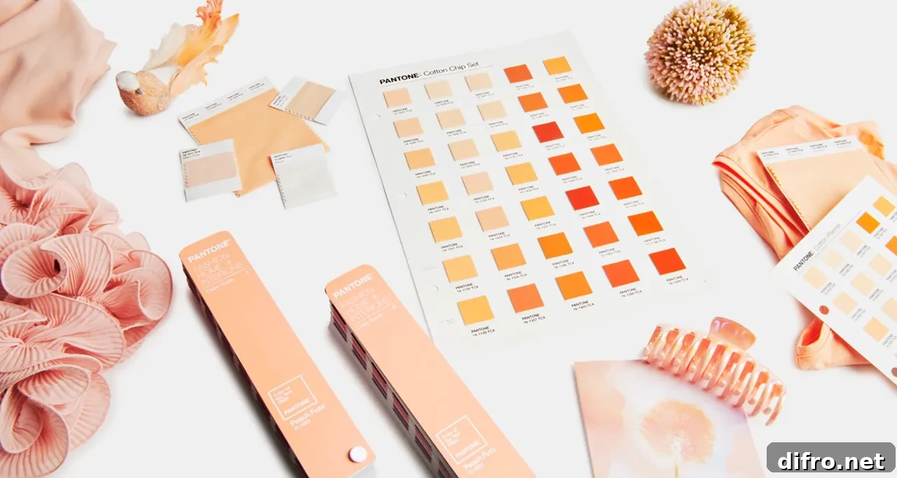 Accessories in Peach Fuzz 13-1023 color laid out on white background.