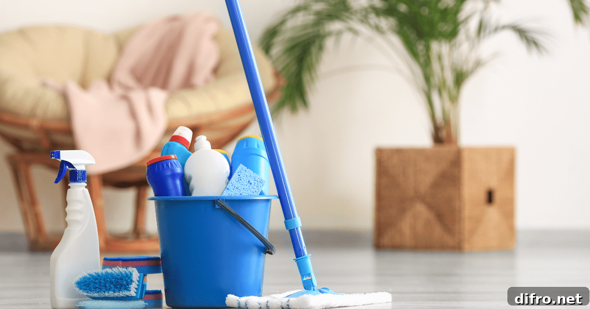 An assortment of cleaning tools in a bucket.