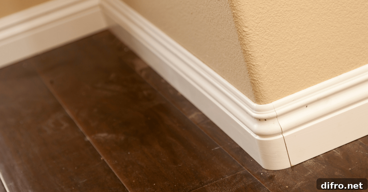 Dirty floors around white baseboards.