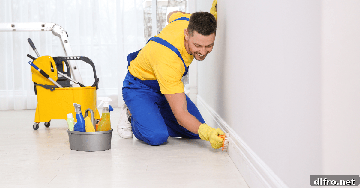 Person using brush to clean baseboards.