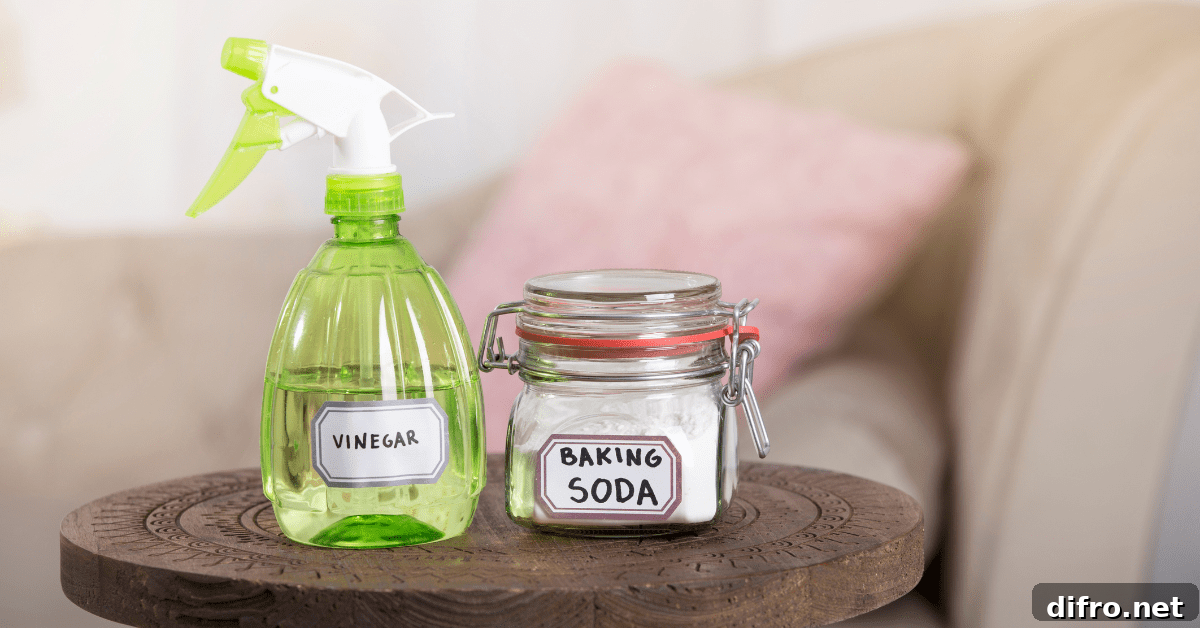 A spray bottle of vinegar and glass container of baking soda placed on a table.