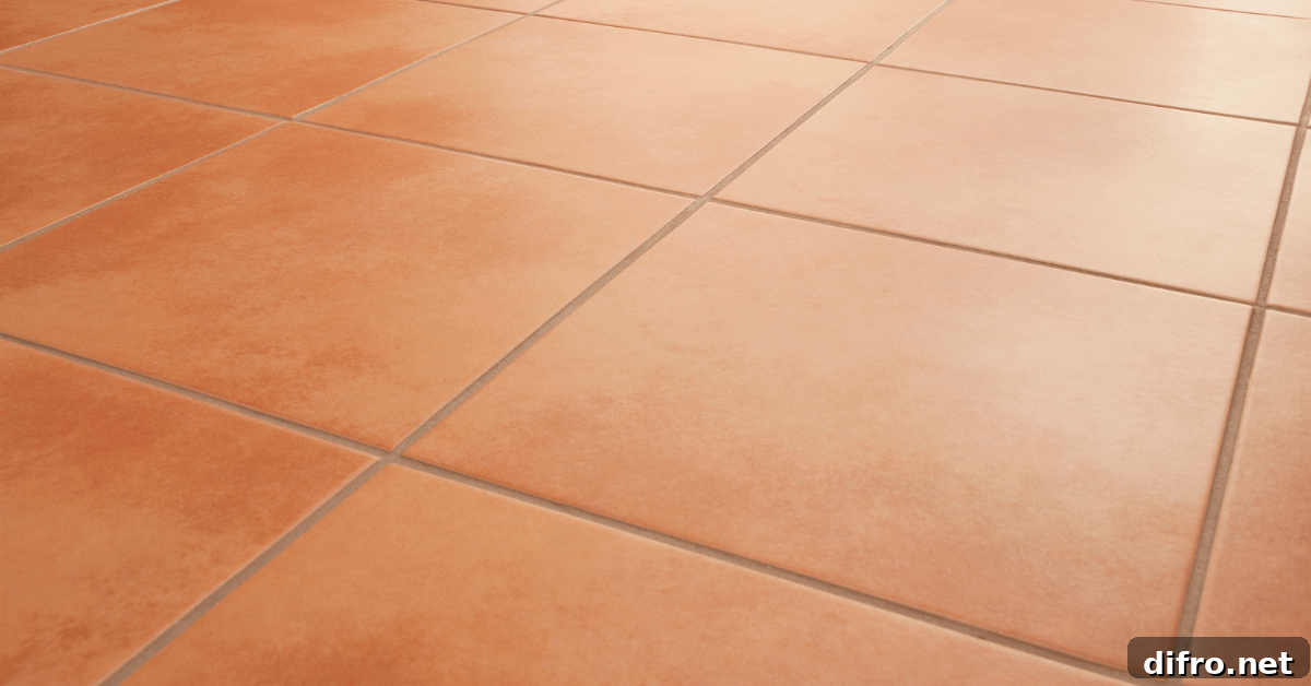 Closeup of terracotta floor tiles.