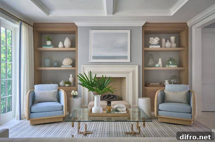A framed art piece hangs from a gray wall over a limestone fireplace flanked by built-in styled oak shelves.
