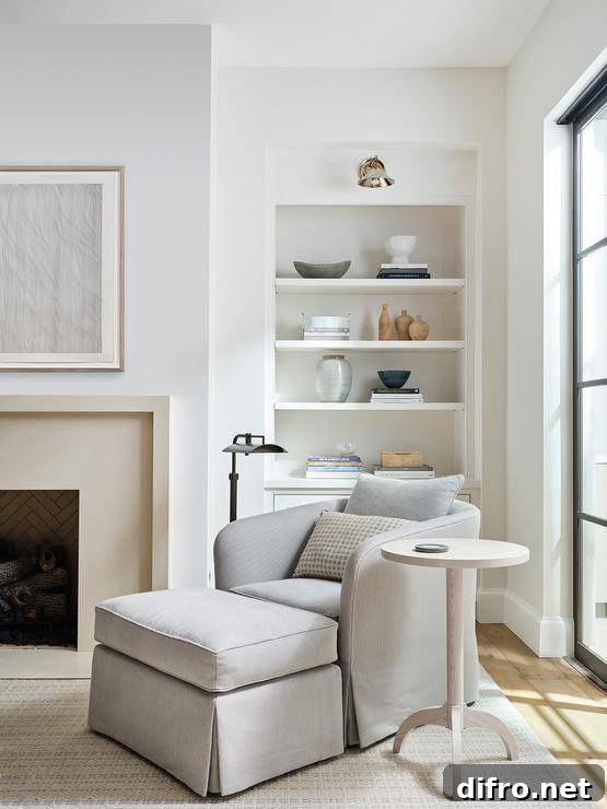A sconce lights an alcove bookcase behind a dove gray living room chair with matching ottoman and a round wooden side table.