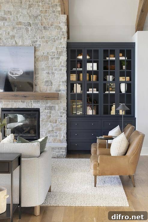 Black built-in display cabinets beside a gray stone fireplace finished with a chunky wooden mantel.