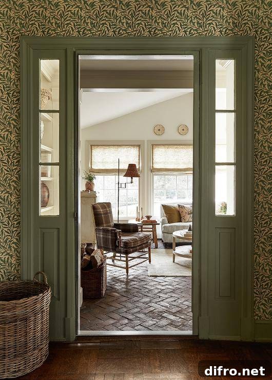A black plaid accent chair sits on red brick herringbone pavers in a cottage-style living room.