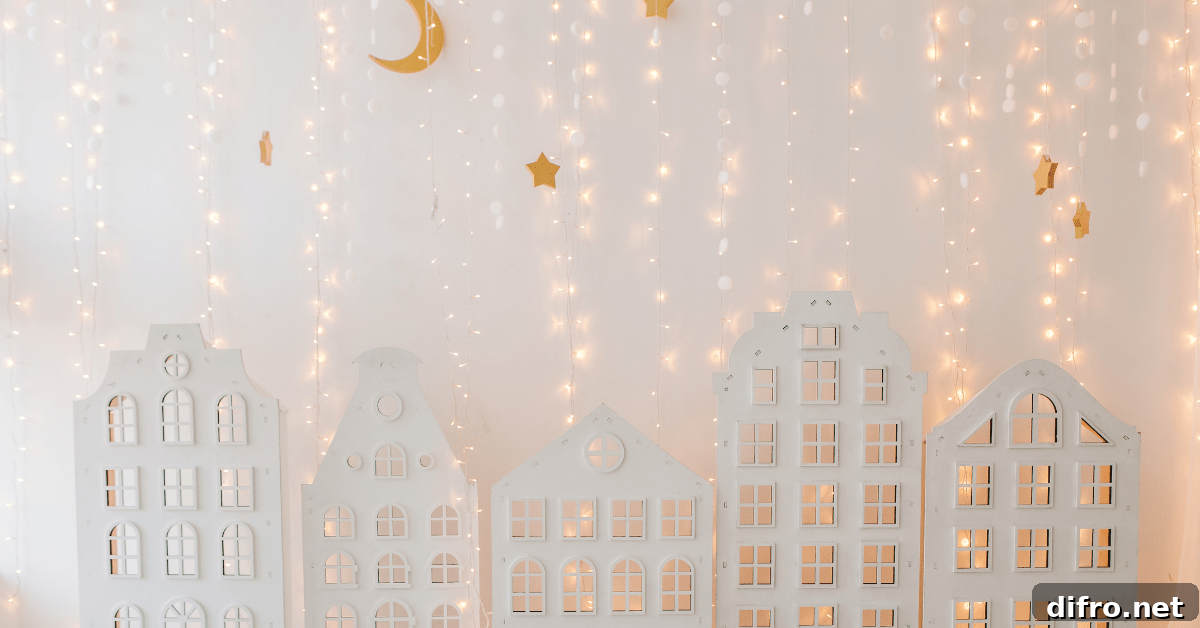 New Years glowing city buildings with garlands lights hanging on them.