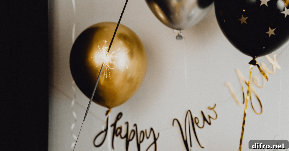 Black and silver balloons which also read Happy New Year.