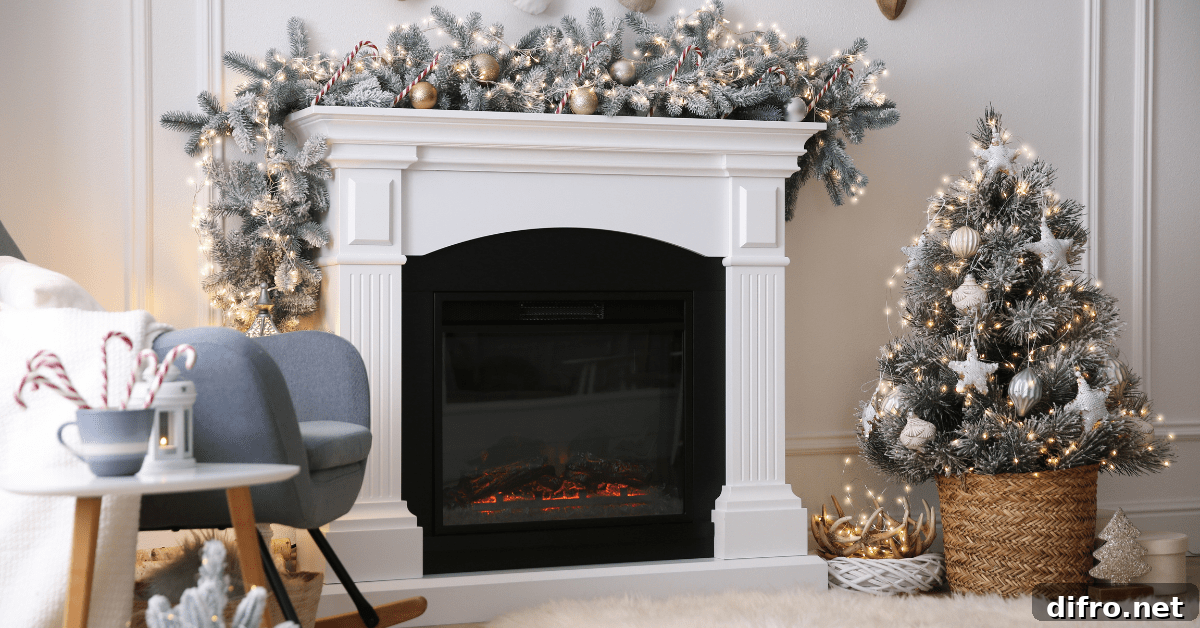 Mantel with festive decorations.