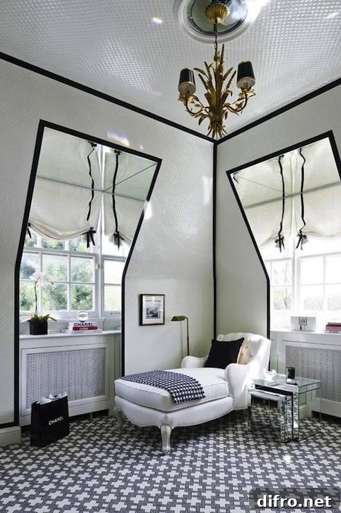 Ceiling Design Ideas to Add Personality to Your Home 12 Bedroom converted into stunning black and white vintage closet. Black and white closet with glossy white textured wall and ceiling paired with glossy black moldings. Closet windows covered in white roman shades with black ribbon trim and wall-to-wall black and white geometric carpeting.