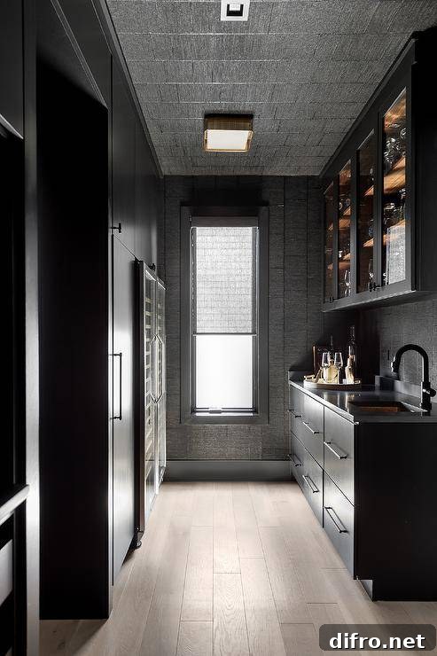 Ceiling Design Ideas to Add Personality to Your Home 13 Beautiful galley style modern kitchen pantry features matte black flat front cabinets donning oil rubbed bronze pulls and a black countertop holding a sink beneath a matte black gooseneck faucet.