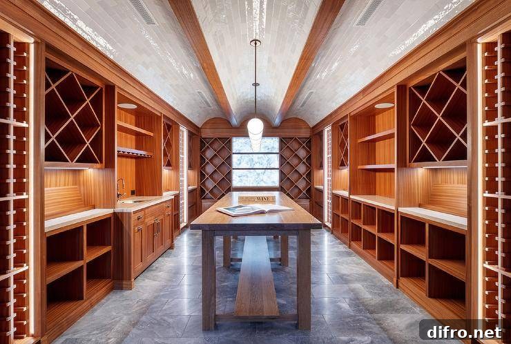 Ceiling Design Ideas to Add Personality to Your Home 14 Spacious wine cellar features tiled barrel ceilings over built in shelves and a long wooden table atop a gray tiled floor.