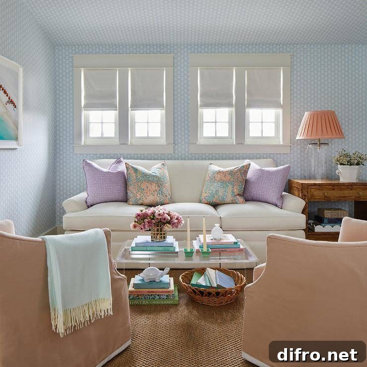 Ceiling Design Ideas to Add Personality to Your Home 10 Walls and ceilings covered in blue block print wallpaper accent a living room featuring windows dressed in white roman shades and positioned above a white roll arm sofa topped with purple and floral pillows.