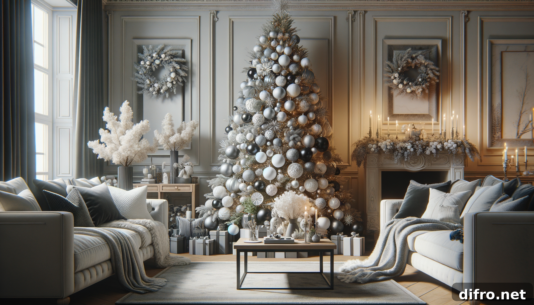 Modern living room with simple Christmas tree that has white, black, and silver ornaments.