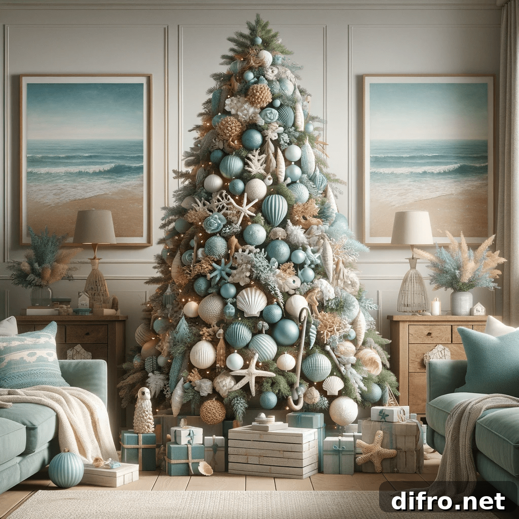 christmas tree in living room with a coastal color scheme, featuring starfish, blue & peach ornaments and coastal paintings