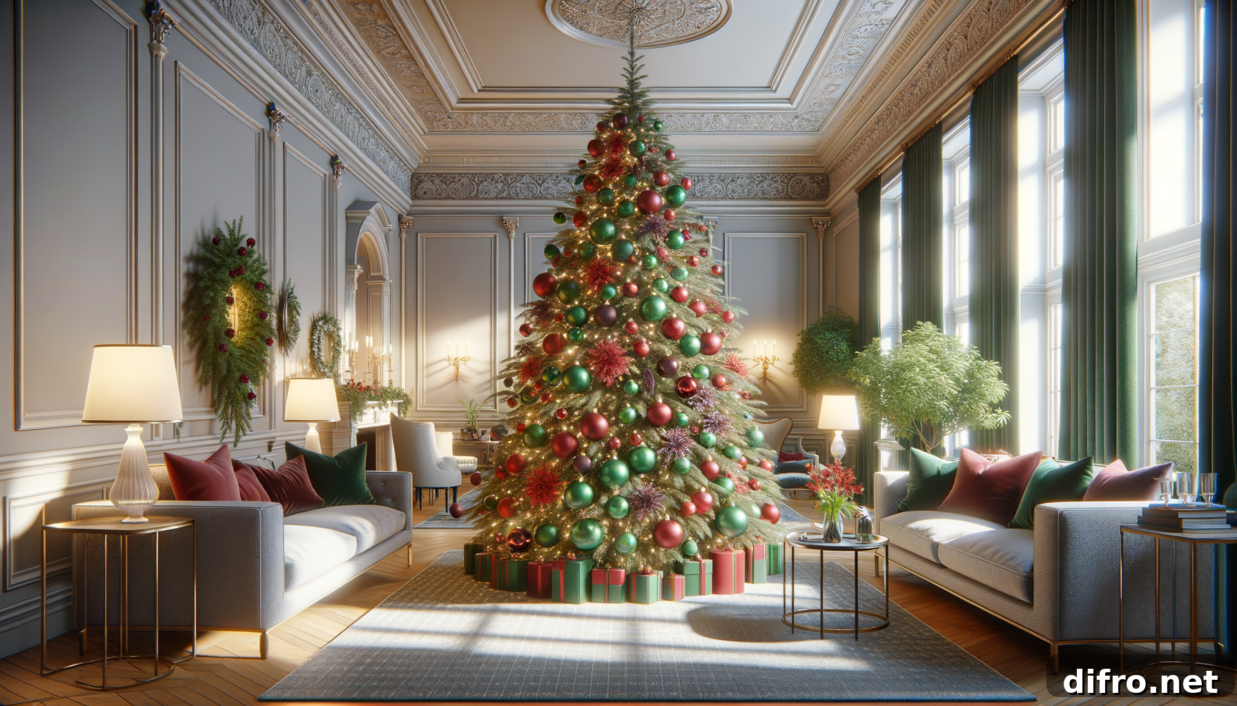 Living room with a large Christmas tree featuring red, burgundy, deep emerald, and forest green ornaments.