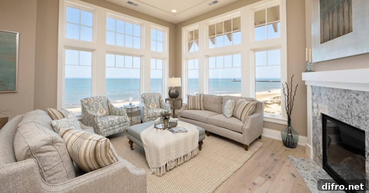 Modern living room of a Bungalow house, showcasing grey couches and a large firplace.