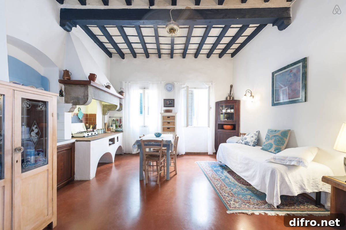 Studio apartment with blue ceiling wood beams and vintage furniture.