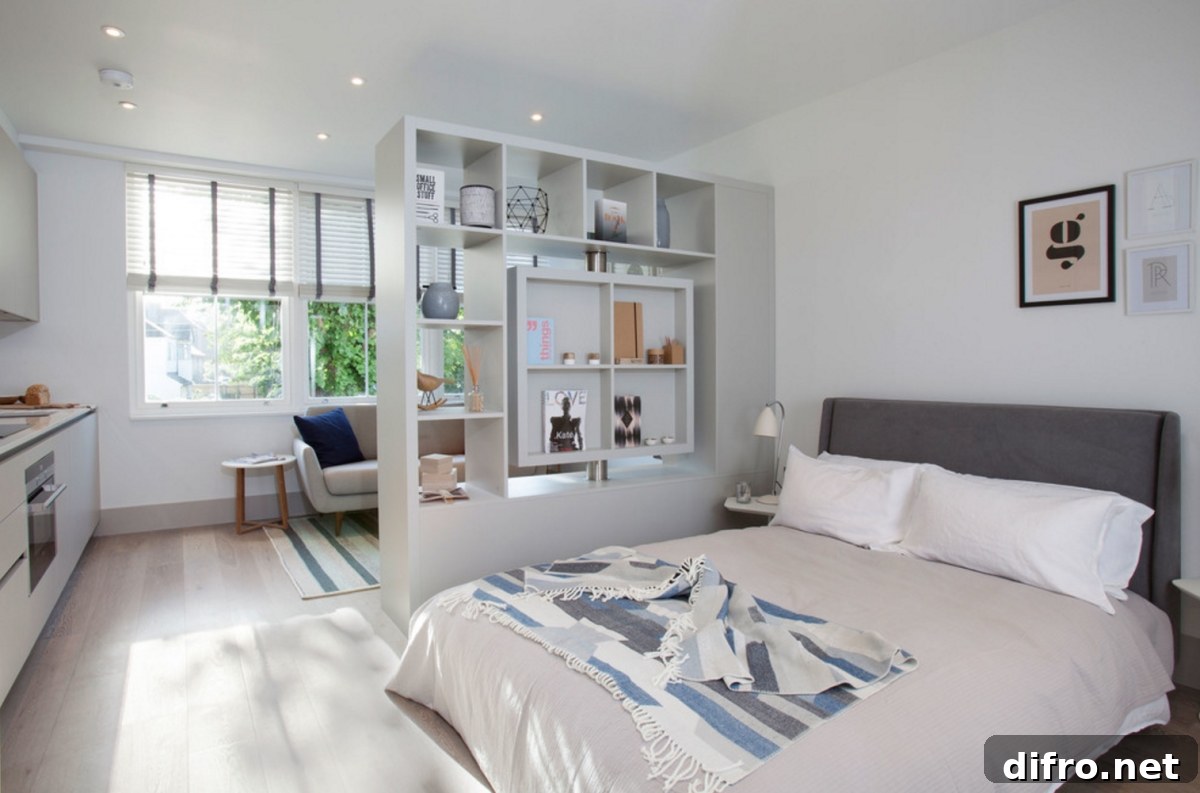 Studio apartment with white furniture and a diving wall that serves as storage.