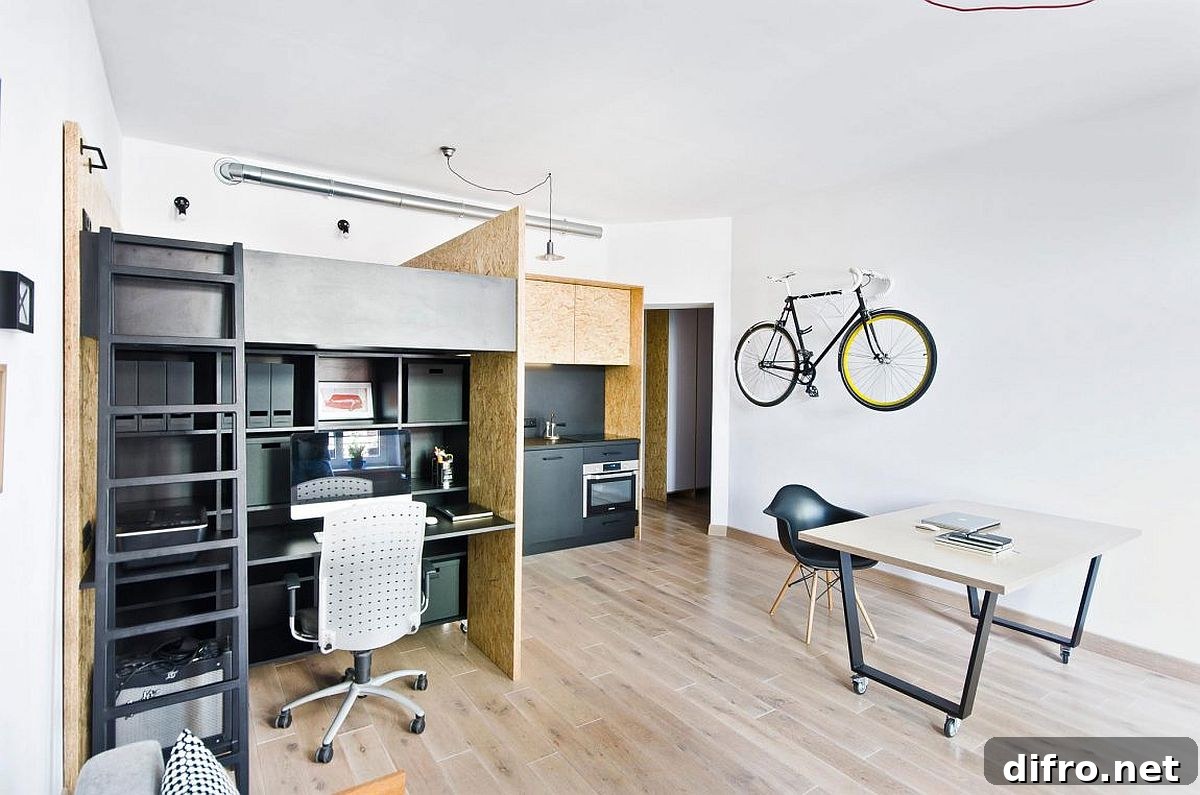 Studio apartment with plywood room dividers and work desk under an elevated bed.