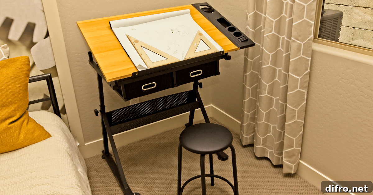 Small stool and corner desk with papers on it.