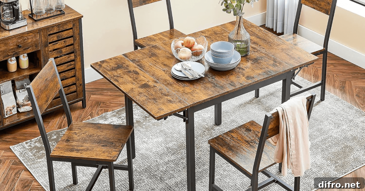 A drop leaf wooden table surrounded by chairs.
