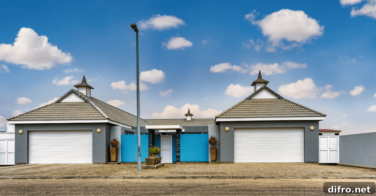 Exterior of a duplex with garages flanked by clear sky.
