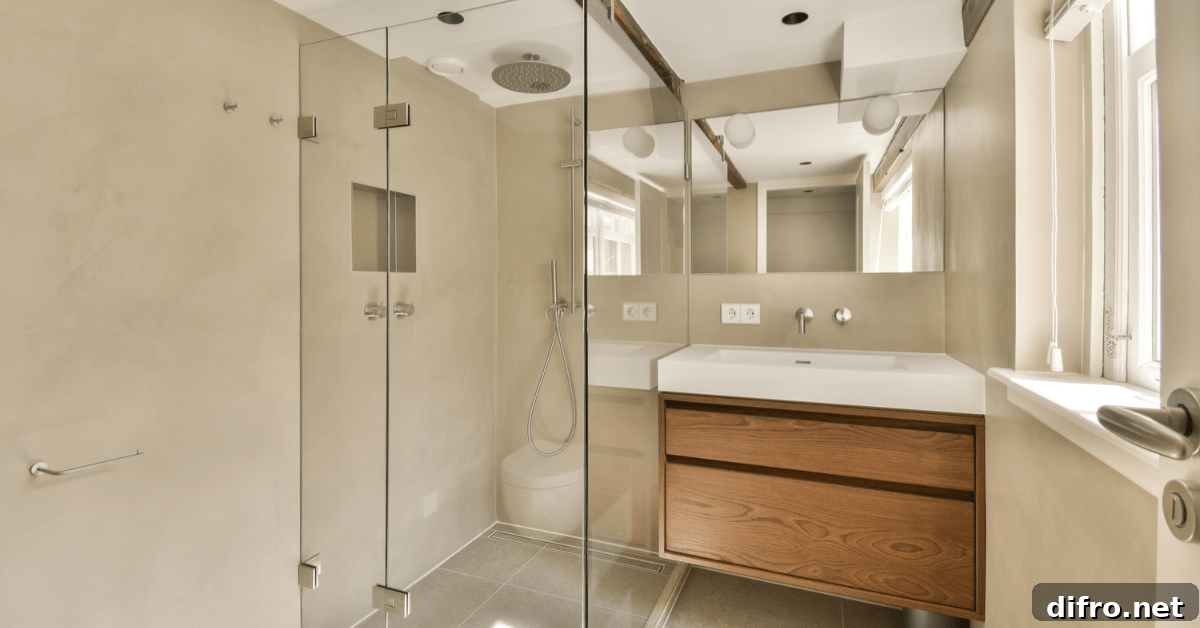 Small wet room bathroom with built-in storage shelf.